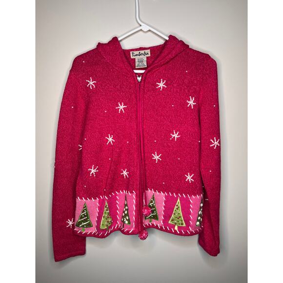 2000s Timberlea Pink Green Christmas Patchwork Snowflake Full Zip Sweater S - Picture 1 of 6